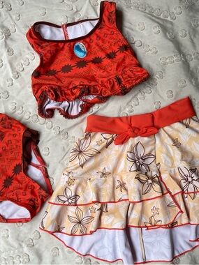 Disney Kids Red and Cream Floral Ruffle Swim Set